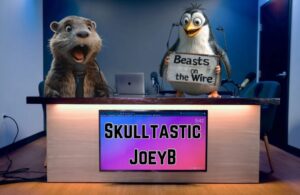 Beasts on a Wire podcast cover image with JoeyB and SKULLTASTIC.